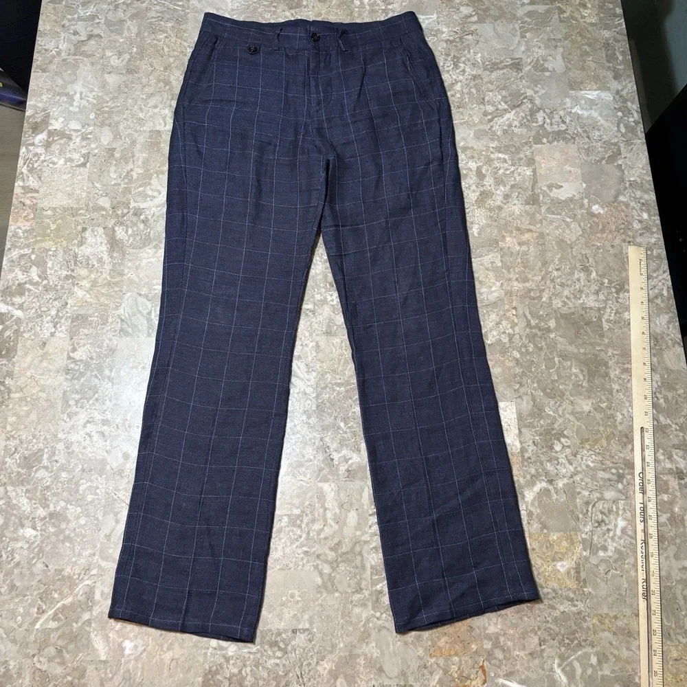 Murano Baird McNutt 100% Linen Pants Mens 30x30 Slim Fit Blue Windowpane Beach